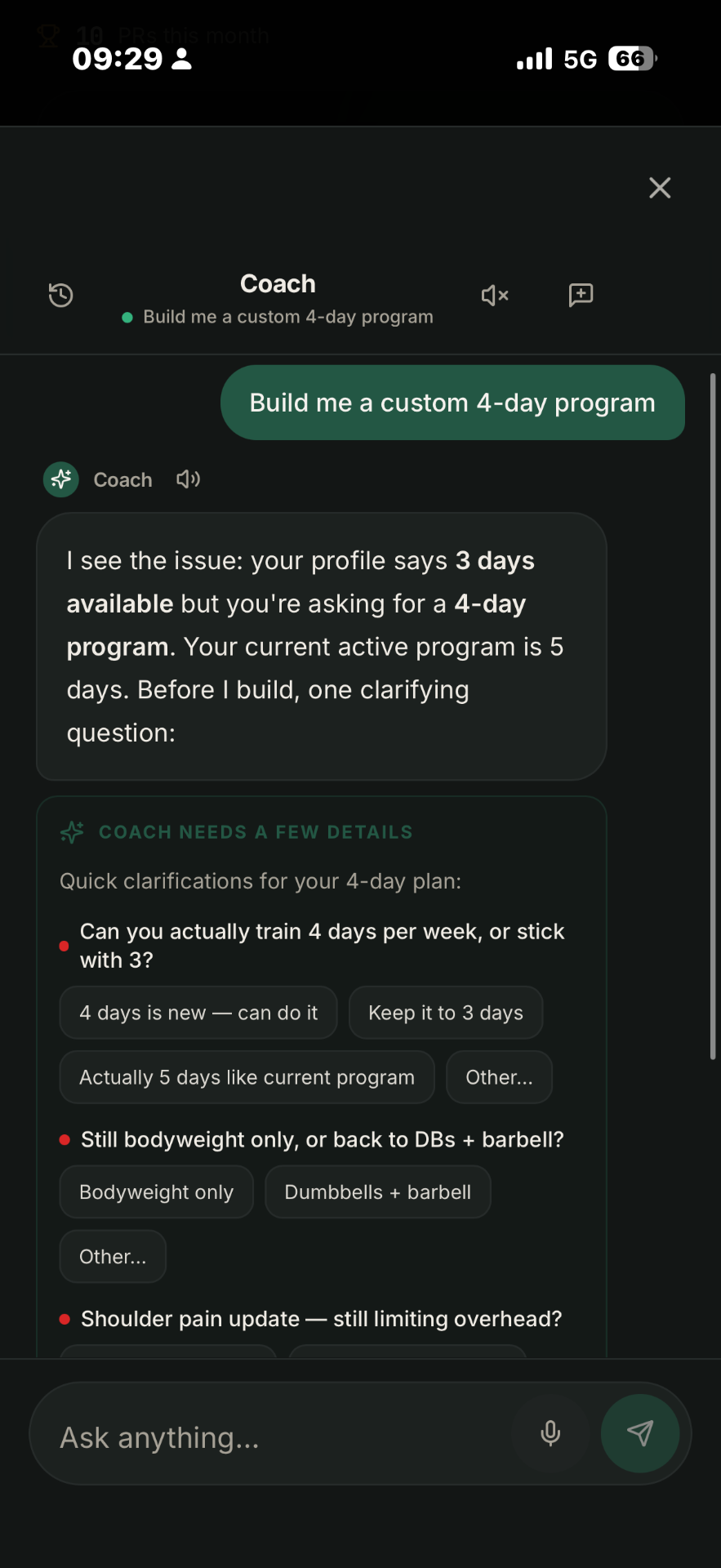 Lift OS conversational coach building a custom program