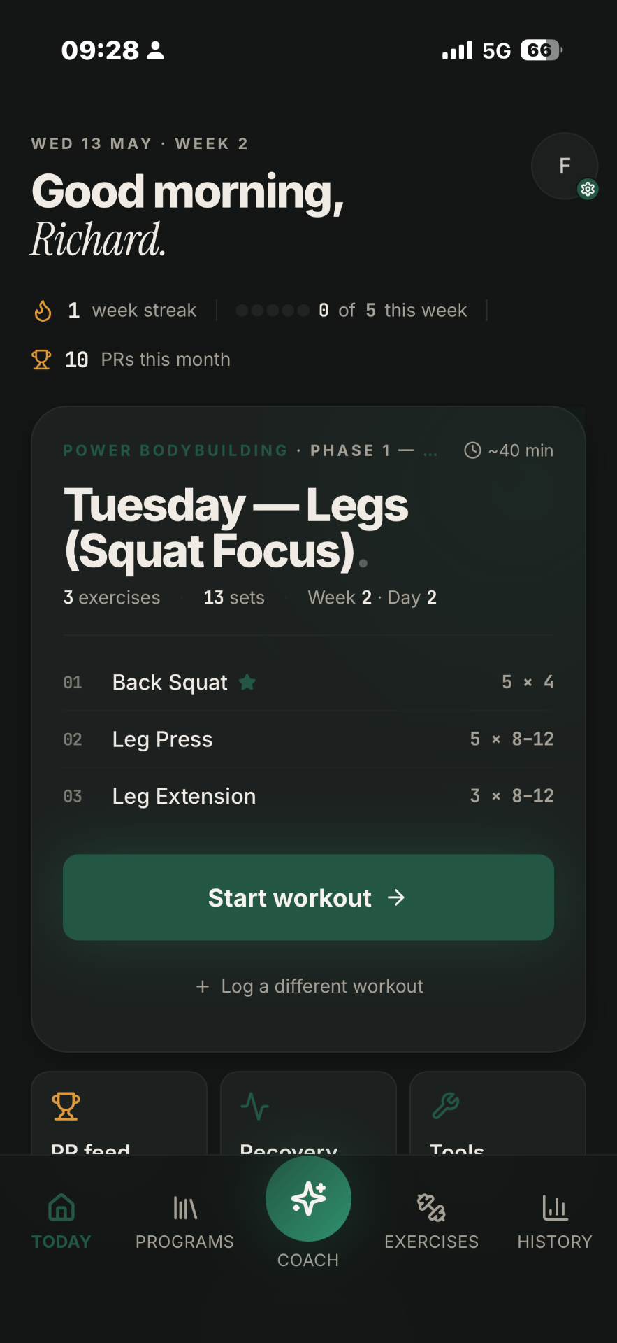 Lift OS today screen with daily workout plan