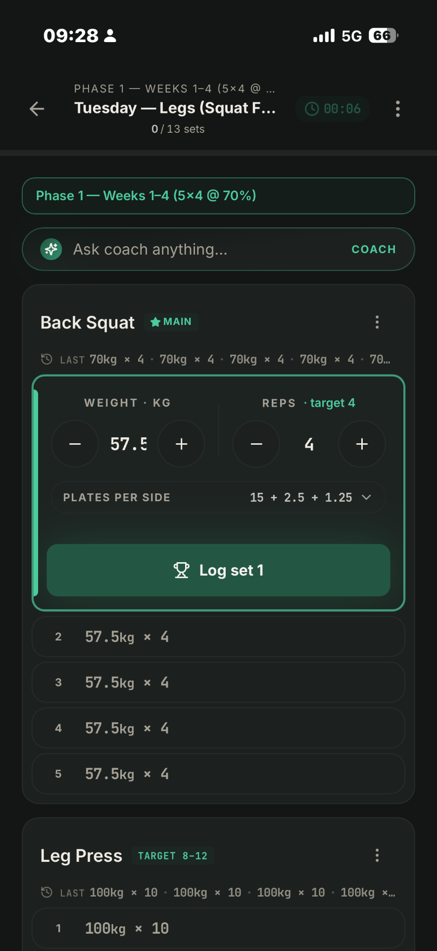 Lift OS live workout view with in-place set logging